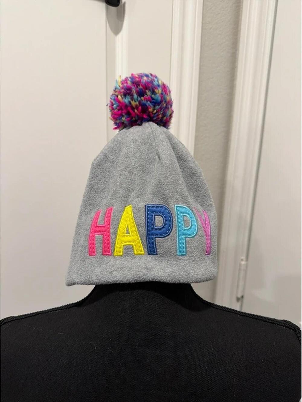 GAP Gray Fleece Beanie Hat with Colorful Pom Pom and HAPPY Embroidery